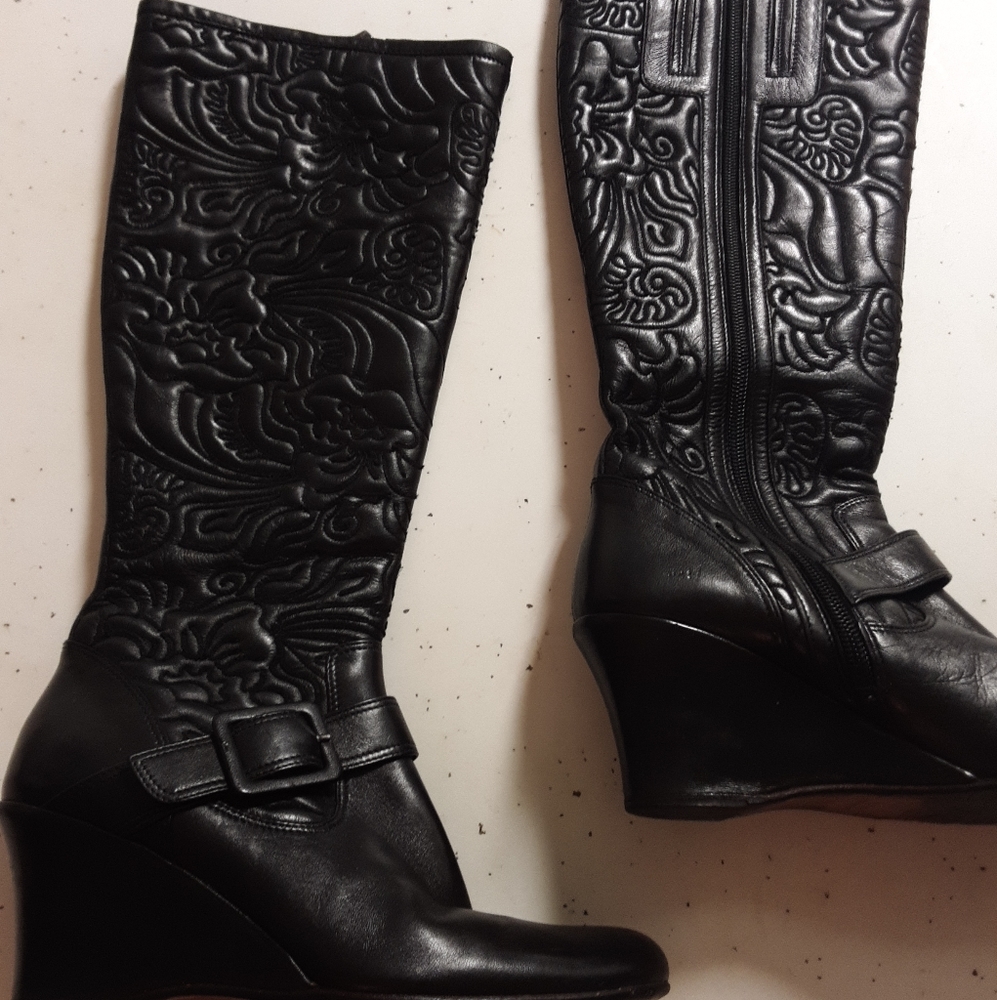 Black leather Taryn Rose boots embossed roses